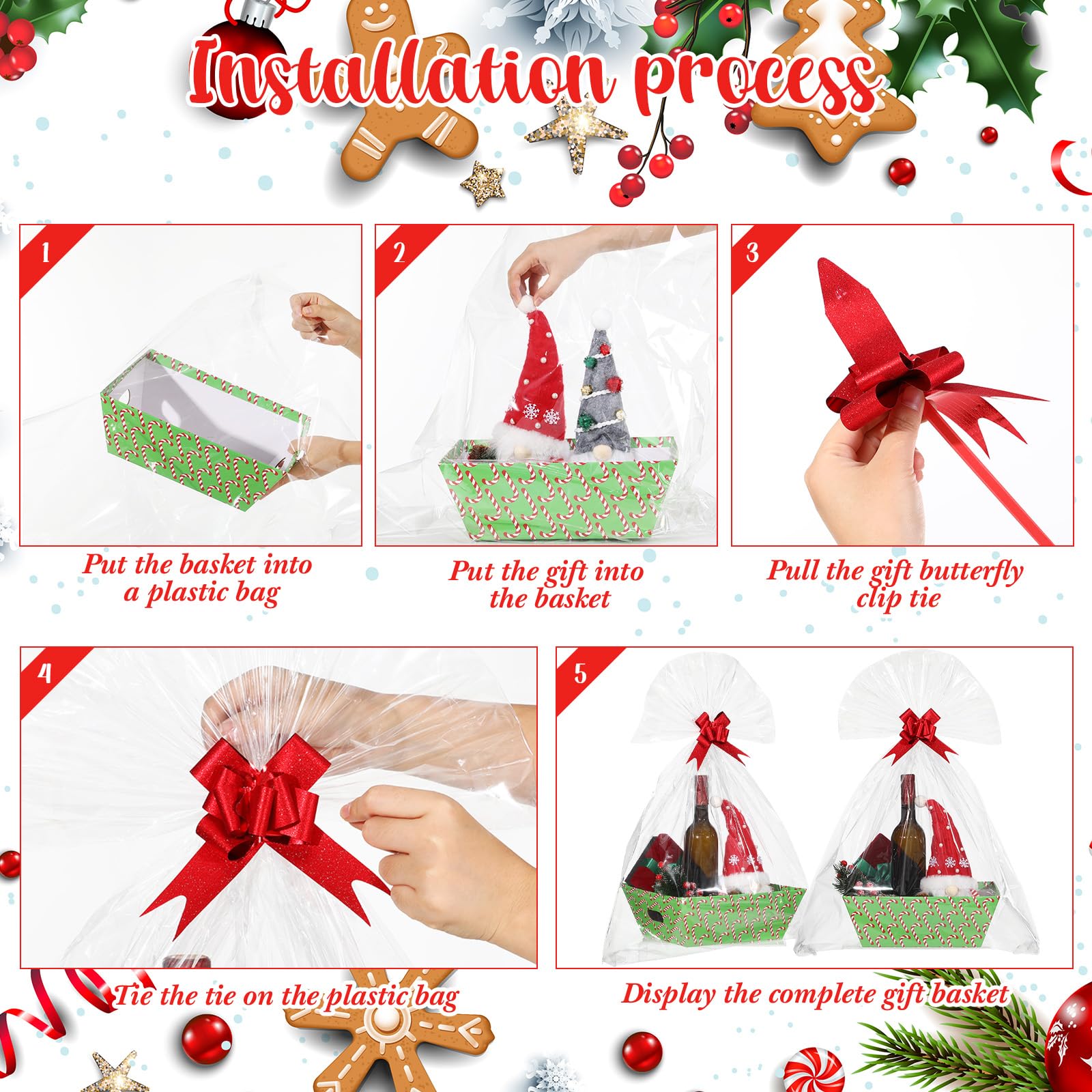 Cholemy Confezione da 12 cesti regalo natalizi vuoti da 30 x 25 x 10 cm, include 12 cesti regalo in cartone con manici, 12 sacchetti avvolgenti, 12 fiocchi da tirare per Natale, matrimoni, anniversari