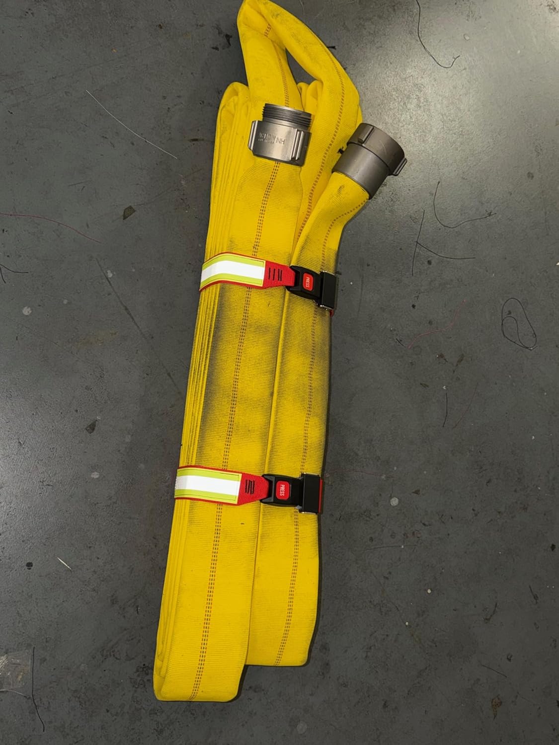 Firefighter Hose Bundle Straps Red Webbing, Seat Belt Buckle Closure, Reflective Trim (27" Length)