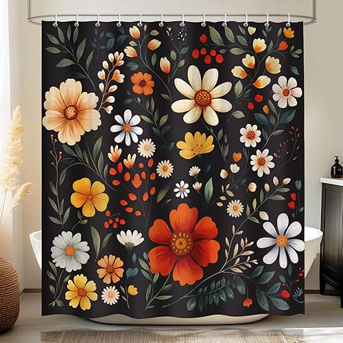 Cortina de ducha vintage negra floral retro para baño, decoración de flores coloridas para baño, tela de impresión de imágenes con ganchos