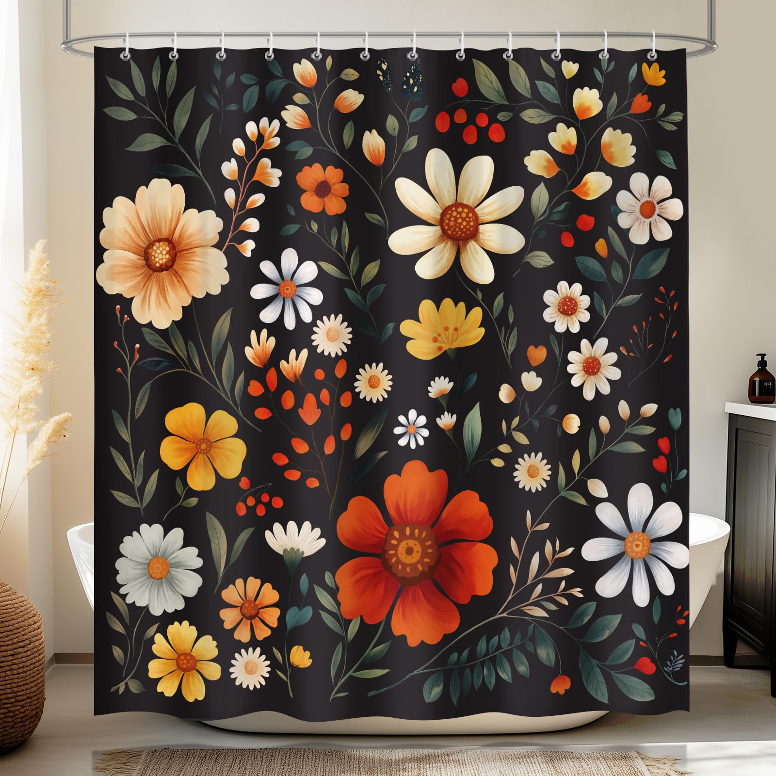 Artistic Floral Duschvorhang – Handgemaltes Vintage Design, Wasserdicht, 180x180 Cm, Schwarz, Aus Polyester