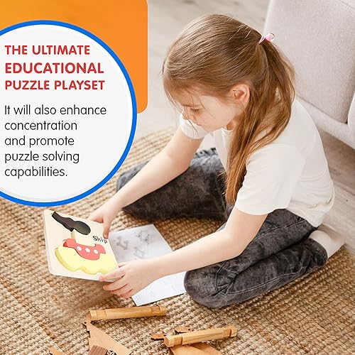 Miniatura 5 de Leo & Friends Kit de juego de rompecabezas de vehículos con 23 piezas diferentes, juguete educativo de madera para niños y niñas, rompecabezas de