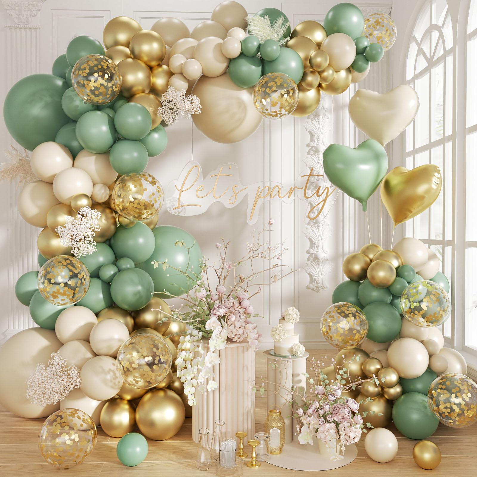 160Pcs Sage Green Gold Balloon Garland Arch Kit, Olive Green White Sand Gold Confetti Balloon with Heart Foil Balloons for Baby Shower Birthday