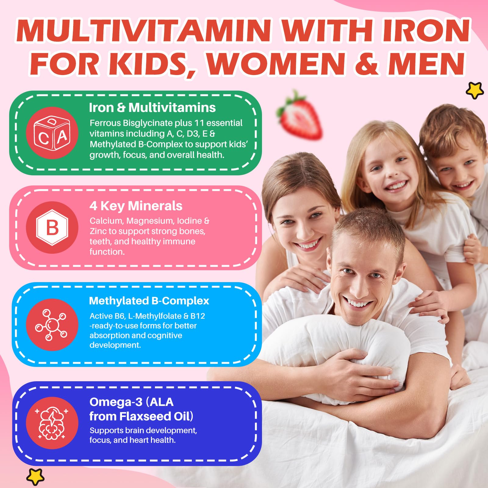 Iron Supplement Gummies for Kids with Multivitamin, Calcium, Zinc, Folate - Kids Iron Gummies Support Immune, Blood Builder, Iron Deficiency, Anemia & Energy - Vegan, Strawberry 60 Count — Amazon image 3