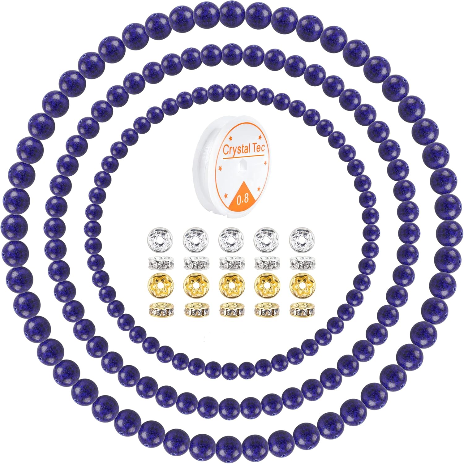 175PCS Blue Sodalite Stone Beads for Bracelets,6mm 8mm 10mm Bulk Round Chakra Beads Loose Semi Precious Beads for DIY Bracelet Necklace Jewelry Making with Crystal Spacer Beads Strings