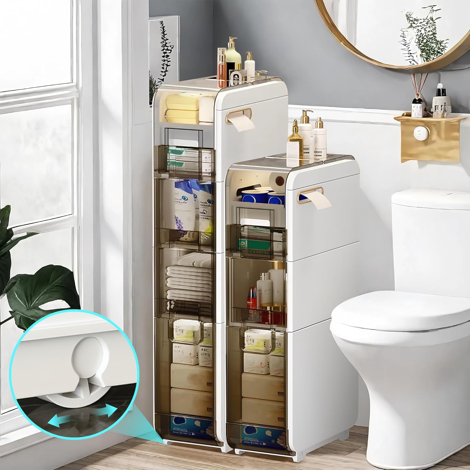4 tier narrow slim bathroom storage cabinet, skinny free standing toilet paper holder with drawers, waterproof movable bathroom storage organizer for small space, kitchen, laundry, living room