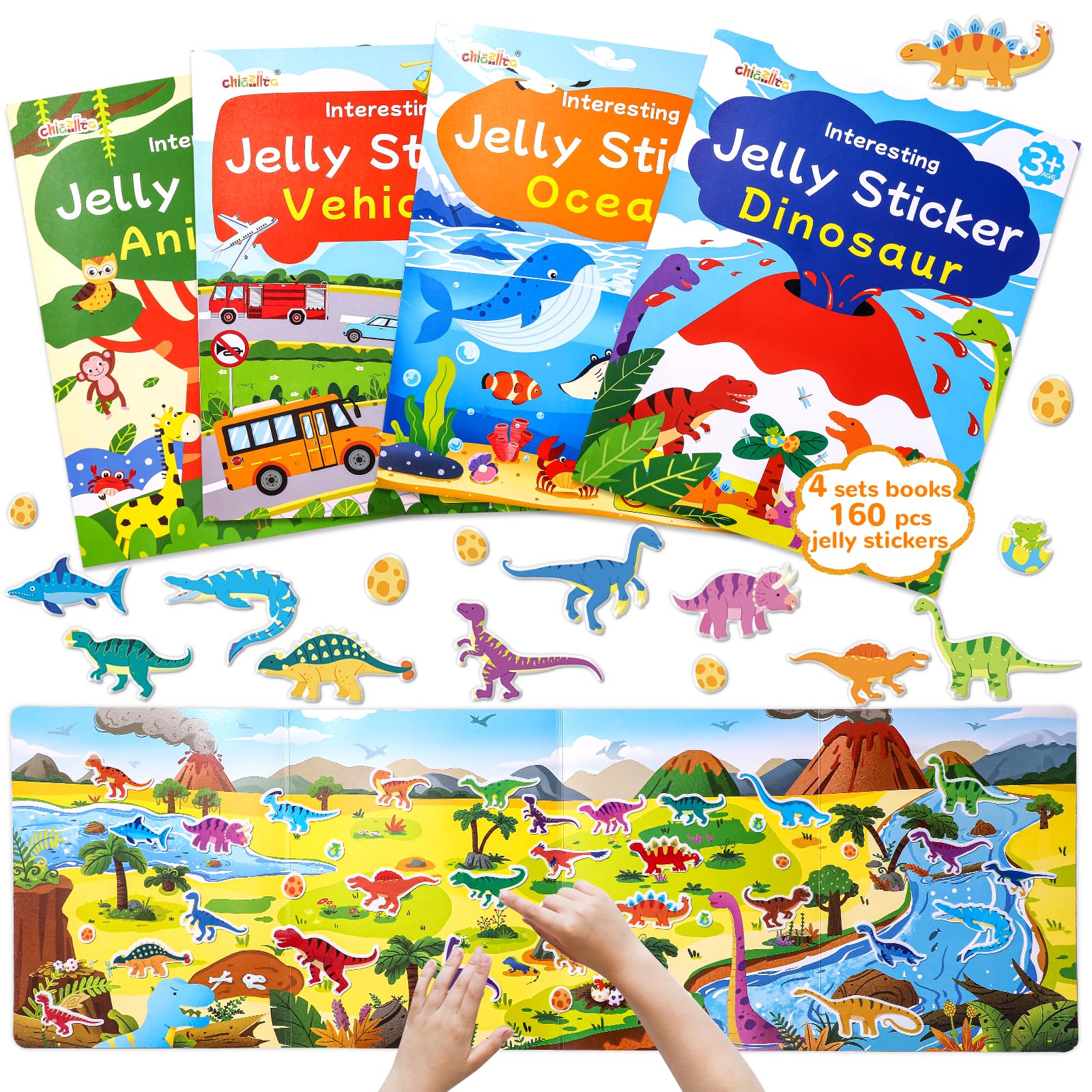 4 Sets Large Reusable Sticker Books for Toddlers 2-4, 160 pcs Jelly Sticker Book for Kids 3-5, Animal Dinosaur Ocean Vehicle Busy Activities Travel