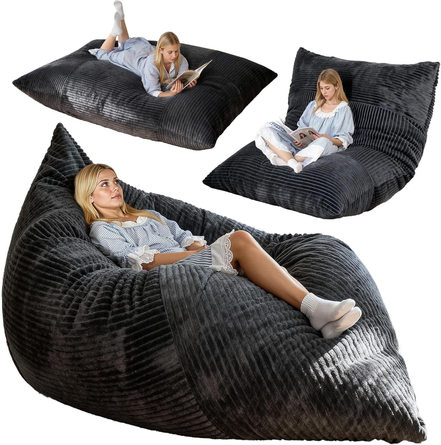 NALONE Bean Bag,4-in-1 Giant Bean Bag Chair for Adults, 6.4 FT Memory Foam Filled Beanbag Chair, Floor Sofa Bed with Fluffy Washable Flannel Cover, Lounge Couch for Bedroom, Living Room (Grey)