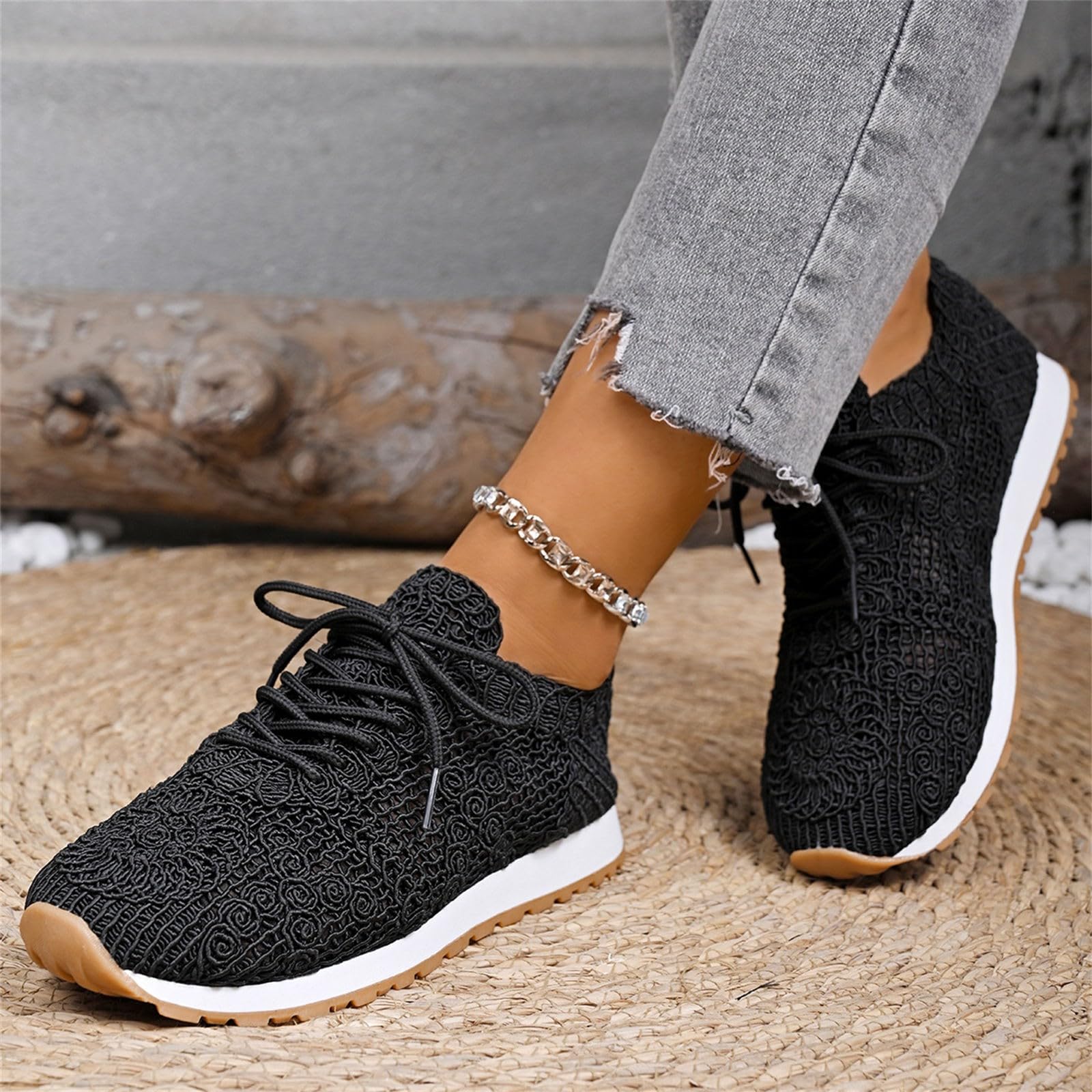 Chaussures Running Femme Baskets de marche tendance en pour femmes – Chaussures décontractées légères et respirantes en dentelle avec semelle coussinée et en souple – Baskets à lacets élégantes pour