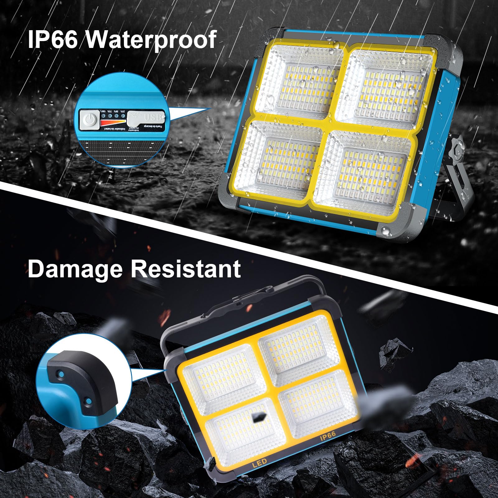Projecteur LED Rechargeable, 5 Modes/288 LEDs, 10000mAh, 10000mAh | Lampe de travail à recharge solaire, avec lumière rouge et bleue, adaptée aux situations d'urgence/camping/chantiers