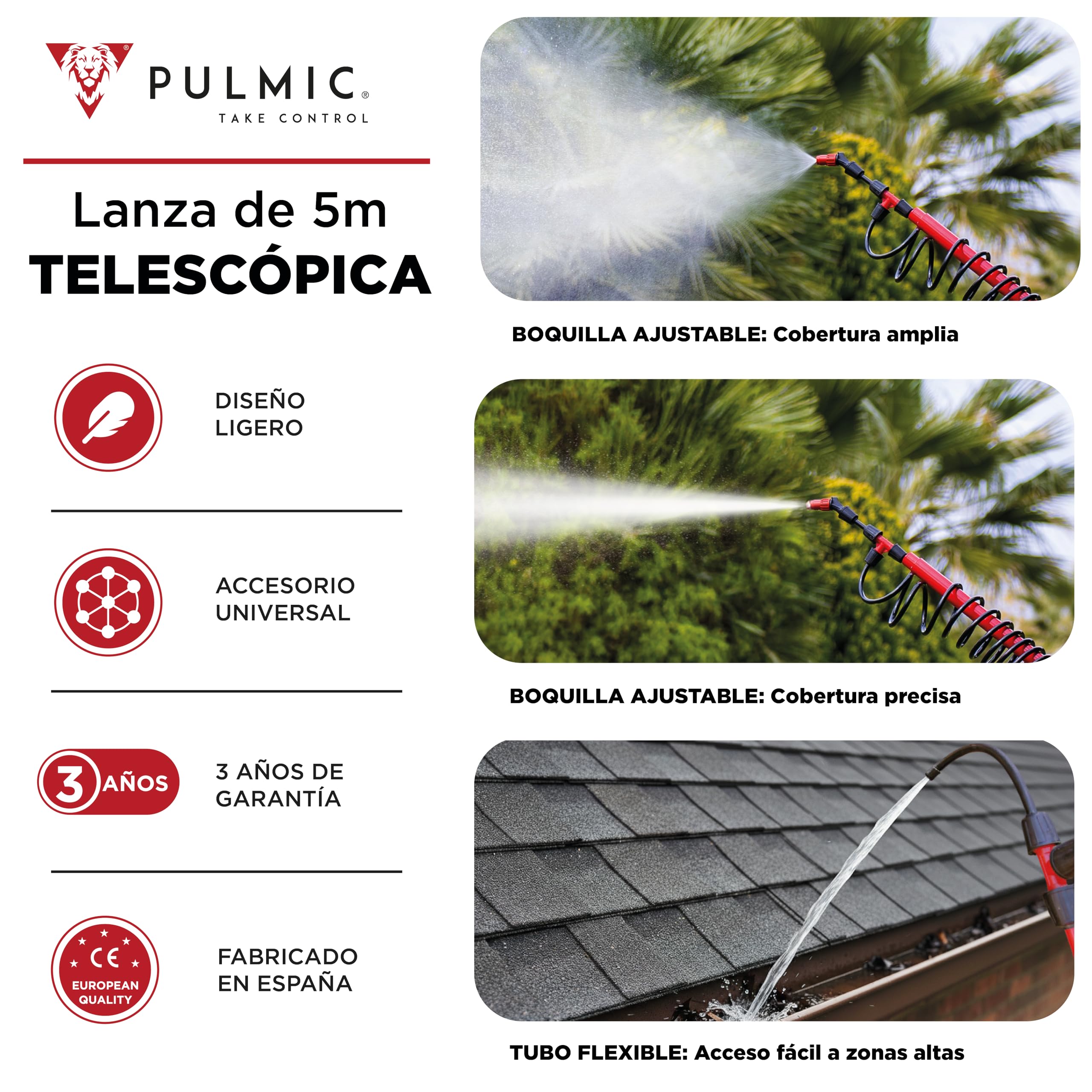 PULMIC Lanza Telescópica Pulverizador 5 Metros. Ergonómica. Extensible. Profesional. Ajustable hasta 5m. Aplicaciones en Altura. Ultra Ligera. Compatible con cualquier sulfatadora para fumigar.