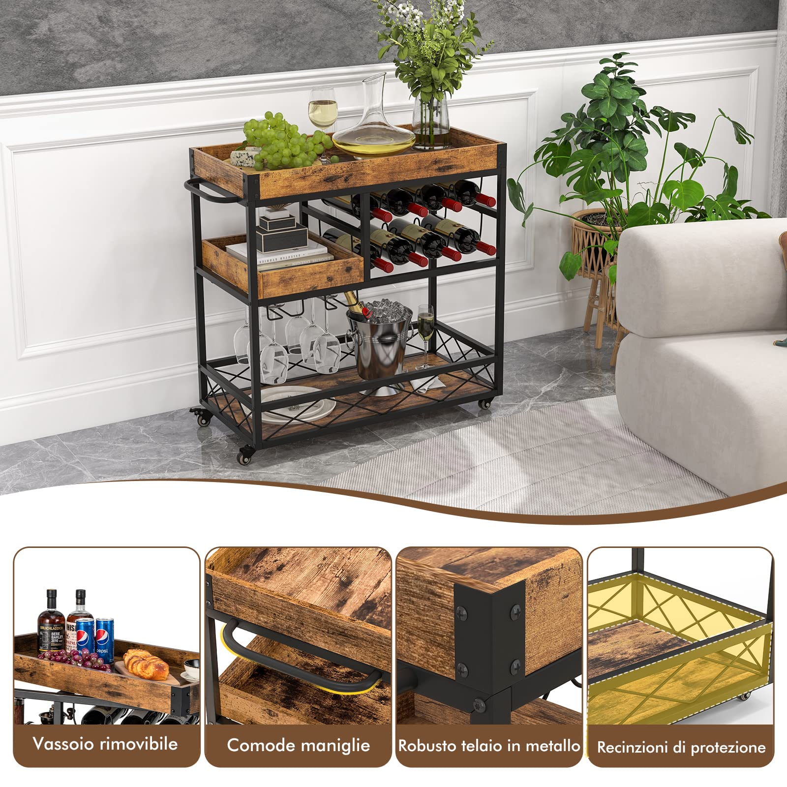 COSTWAY Carrello Bar a 3 Livelli, Carrello da Cucina con Vassoio Rimovibile, Portabottiglie e Porta Calici, con Ruote Bloccabili e Maniglie, per Cucina, Sala da Pranzo e Bar