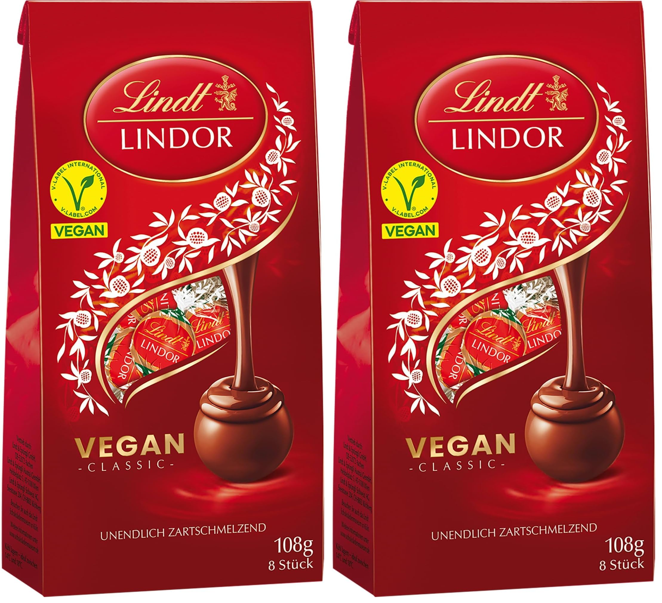 Lindt Schokolade | LINDOR Beutel Vegan | 108g | 8 Kugeln in veganer Schokolade mit zartschmelzender Füllung | Schokoladen-Geschenk (Packung mit 2)