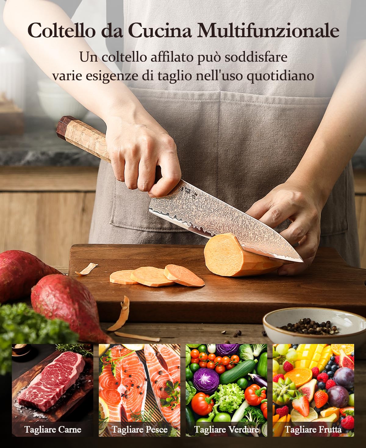 HEZHEN Coltello da Chef in Acciaio Damascato Rame, Professionale Coltello Damasco in Stile Giapponese, Manico Ottagonale in Legno