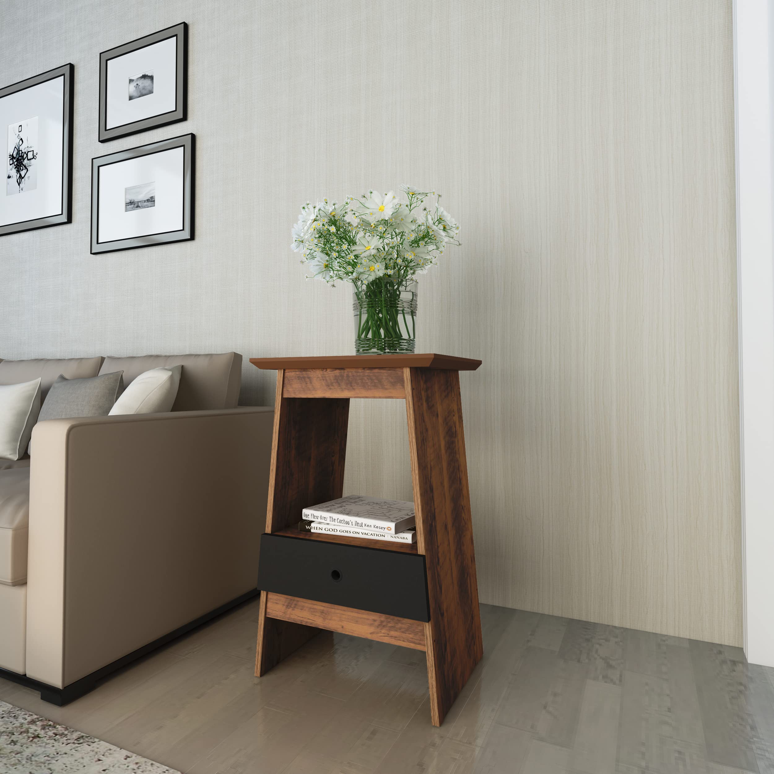 ArtelyEden End Table with Drawer, Pine - Black - W 45 cm x D 35 cm x H 73 cm.