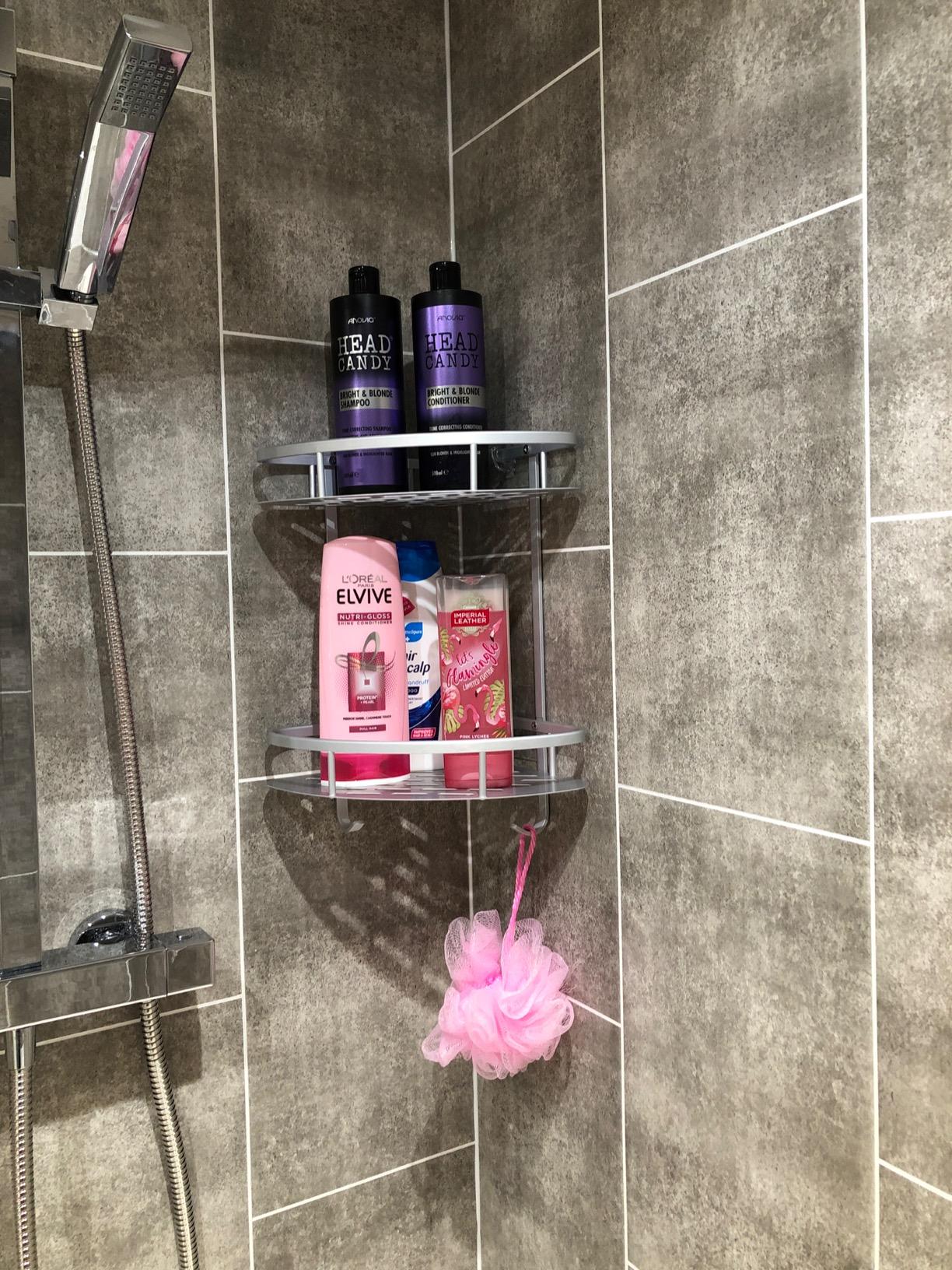 Hawsam No Drill Adhesive Shower Corner Shelf 2 Tier, Wall Mounted Non Rust Aluminum Stick