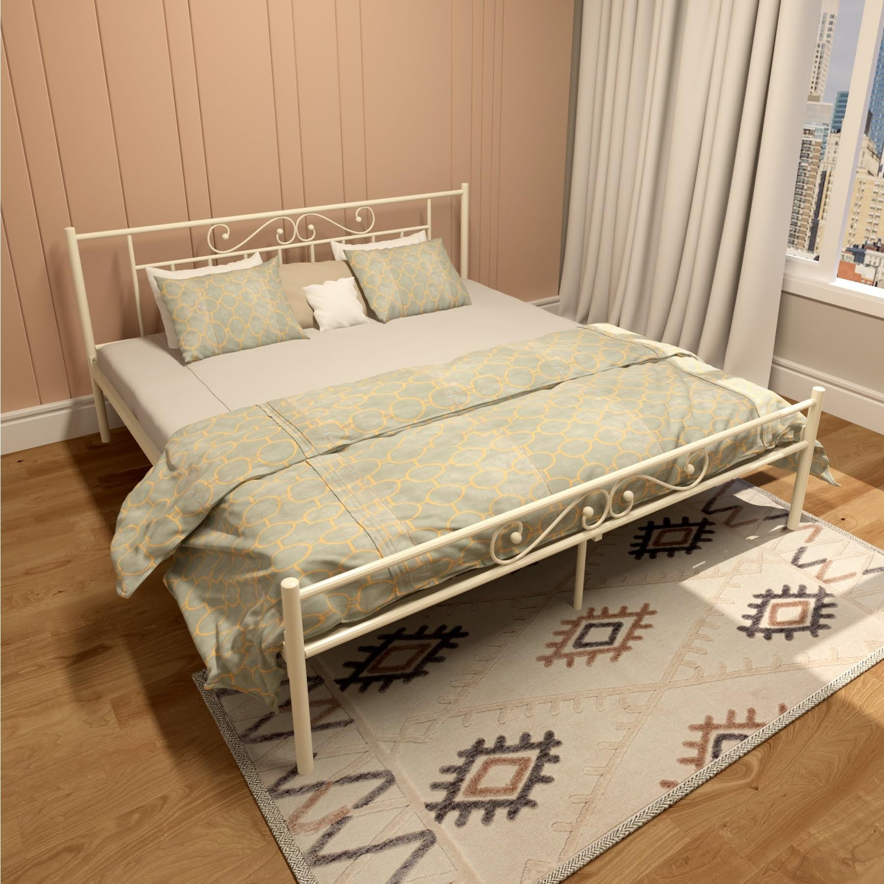 Homdec Dorado Metal Platform Bed with Headboard and Footboard, Heavy Duty Mattress Foundation – No Plywood Needed, Noise Free (Ivory, King (U.K. Standard))