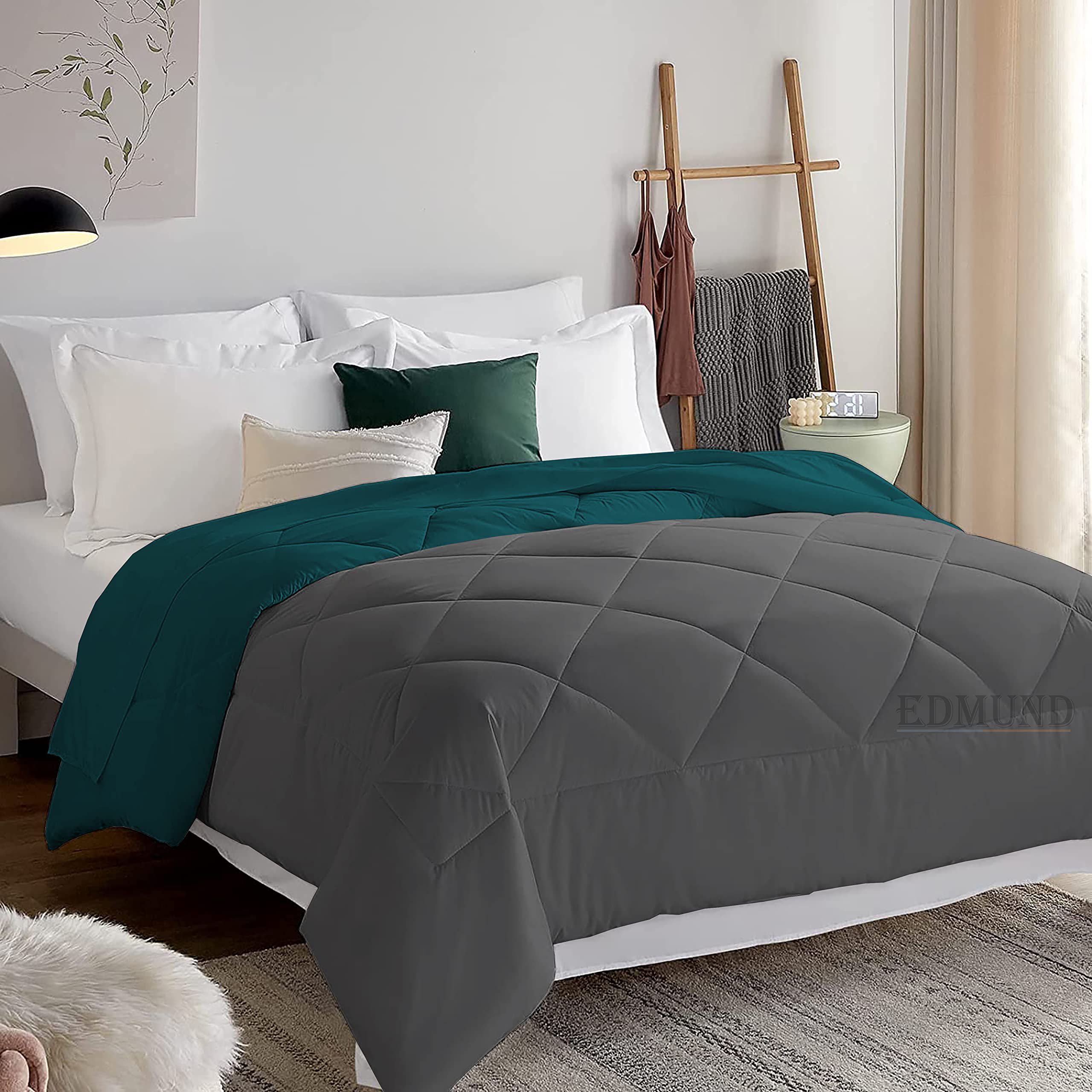 EDMUND Winter Comforter 400 GSM Diamond Stitch Reversible Single Bed Blanket/Quilt/Rajai (90" x 60") | Teal & Dark Grey-image-3