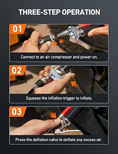 Miniatura 6 de AstroAI T3 Medidor de presión de neumáticos resistente con inflador, portabrocas de doble cabeza ANSI B40.1 con manómetro de aire preciso, 10-120