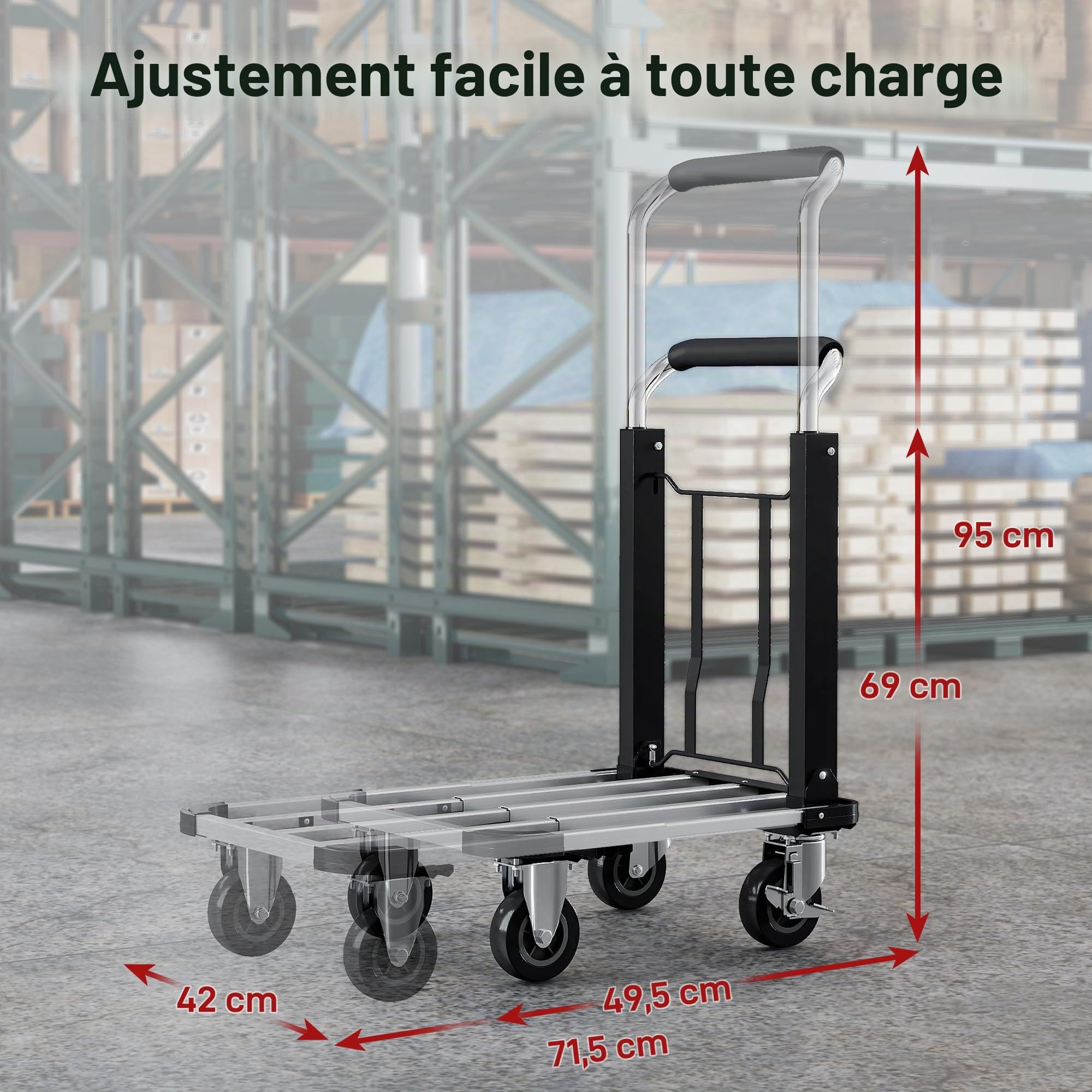 HOMCOM Chariot de transport pliable 150 kg avec frein de stationnement, plate-forme extensible et poignée réglable, aide au transport avec roulettes pivotantes, argenté