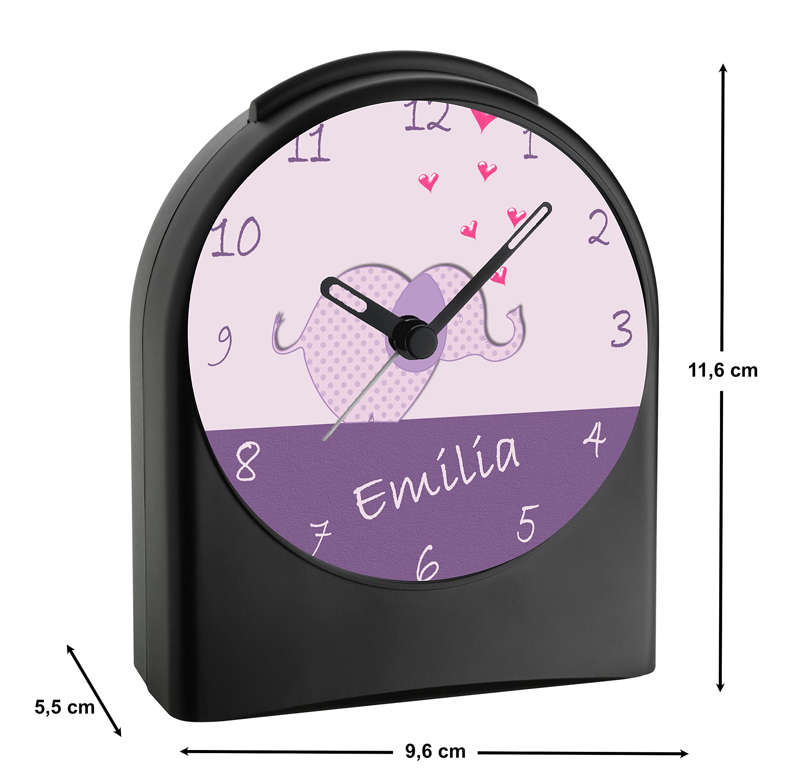 WU-50-1065-05, Elefant Farbe Lila, analog Kinderwecker schwarz, Funkwecker ohne Ticken, mit Licht, personalisiert mit Namen, 9,6 x 5,5 x 11,9 cm, 104 g