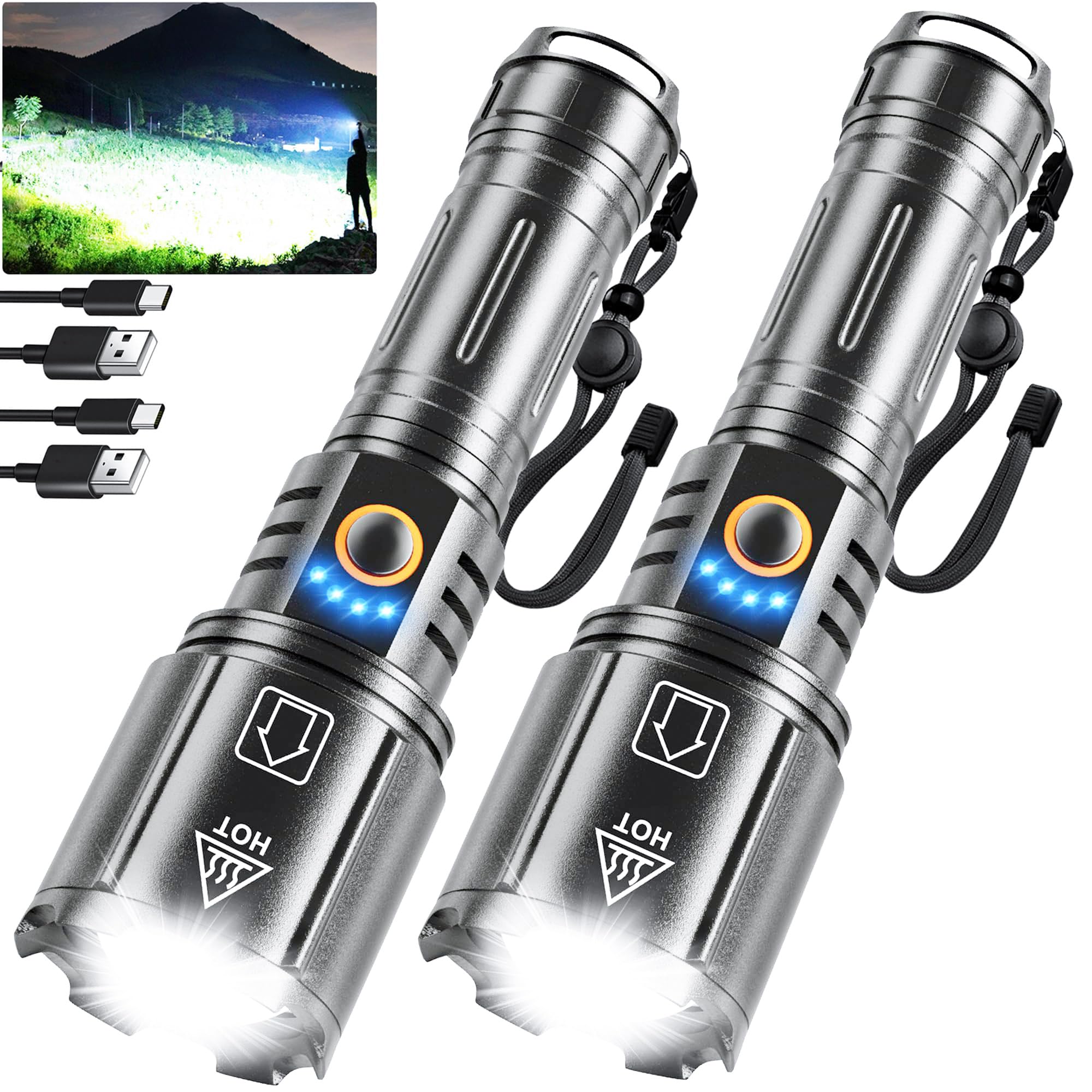 Niaochao Silver Flashlights High Lumens Rechargeable, 2 Pack Flash Light 900000 Lumen Super Bright Led Flashlight With Βattery, 5 Modes, Ipx6 Waterproof