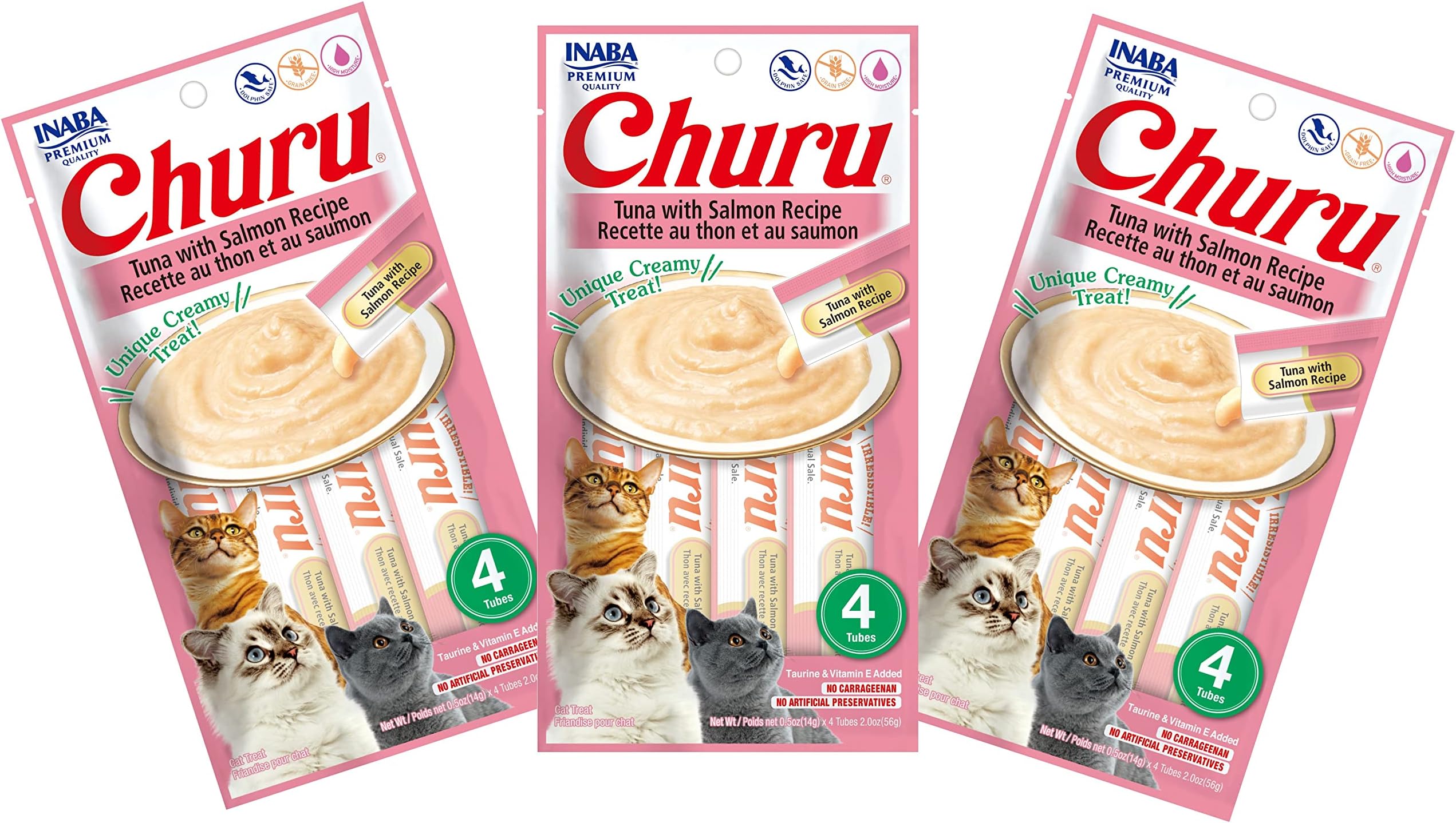 INABA Churu Cat Treats, Grain-Free, Lickable, Squeezable Creamy Purée Cat Treat/Topper with Vitamin E & Taurine, 0.5 Ounces Each Tube, 12 Tubes (4 per Pack), Tuna with Salmon Recipe