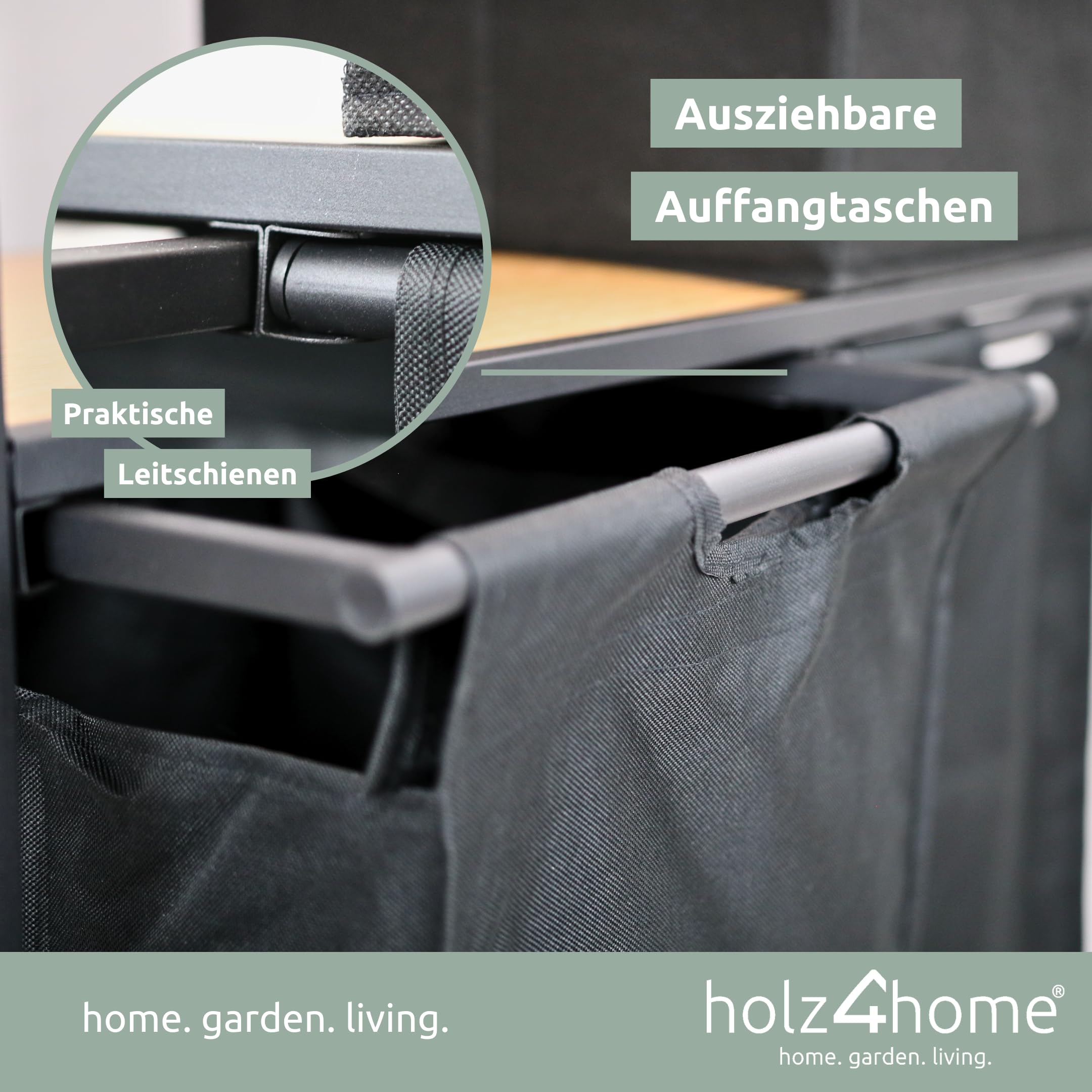 holz4home® Wäschekorb 2 Fächer Vintage I Mit Ablage & Wäschebox ausziehbar I Wäschebox Badezimmer I Wäschesack aus Oxford-Gewebe 92 L