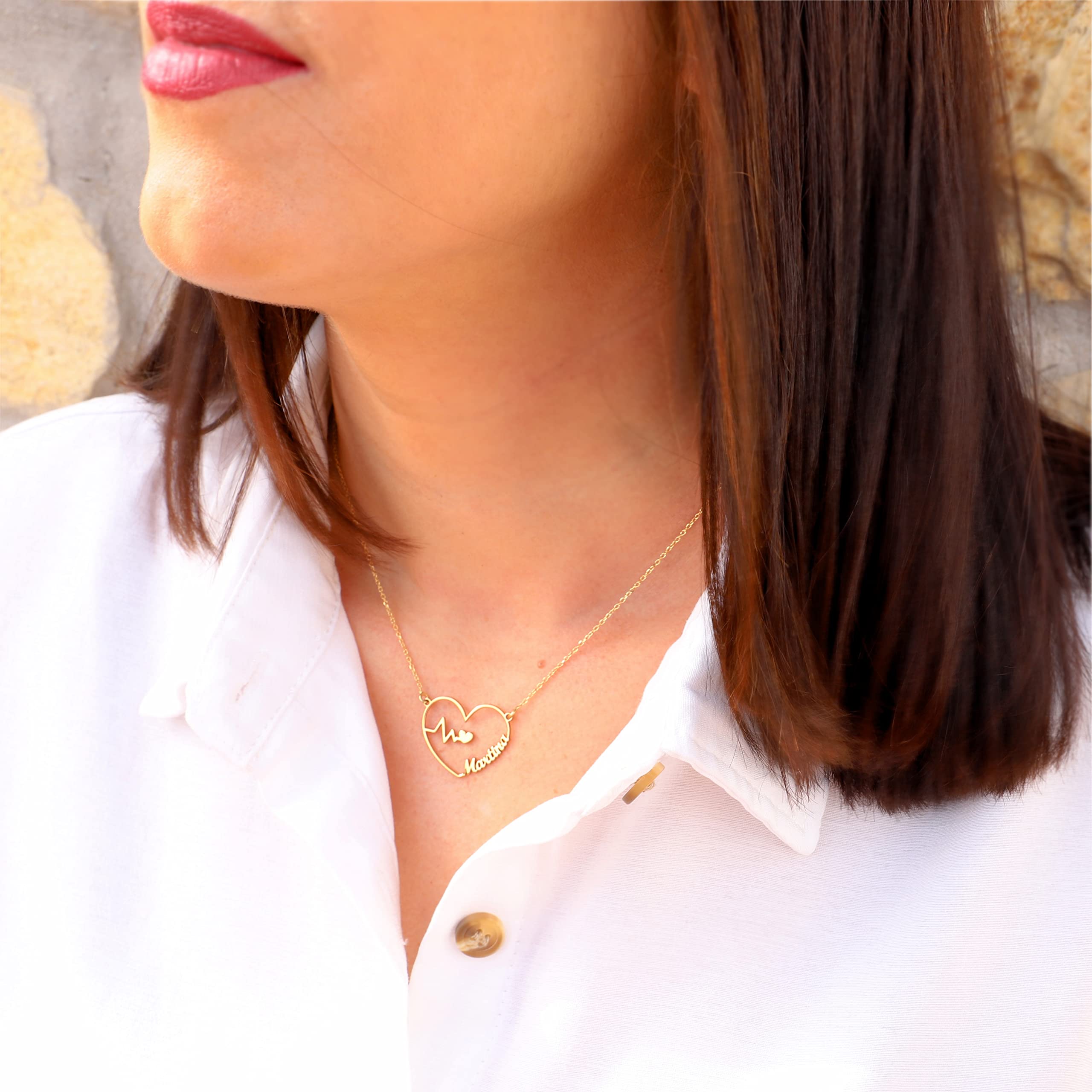 Colgante Corazón Personalizado - Plata de Ley 925/1000 con Baño en Oro 18Kt para Mujer o Niña con Cadena Forzada en 45cm + 3cm de Alargador – Collar Corazón Electro para Enamorados