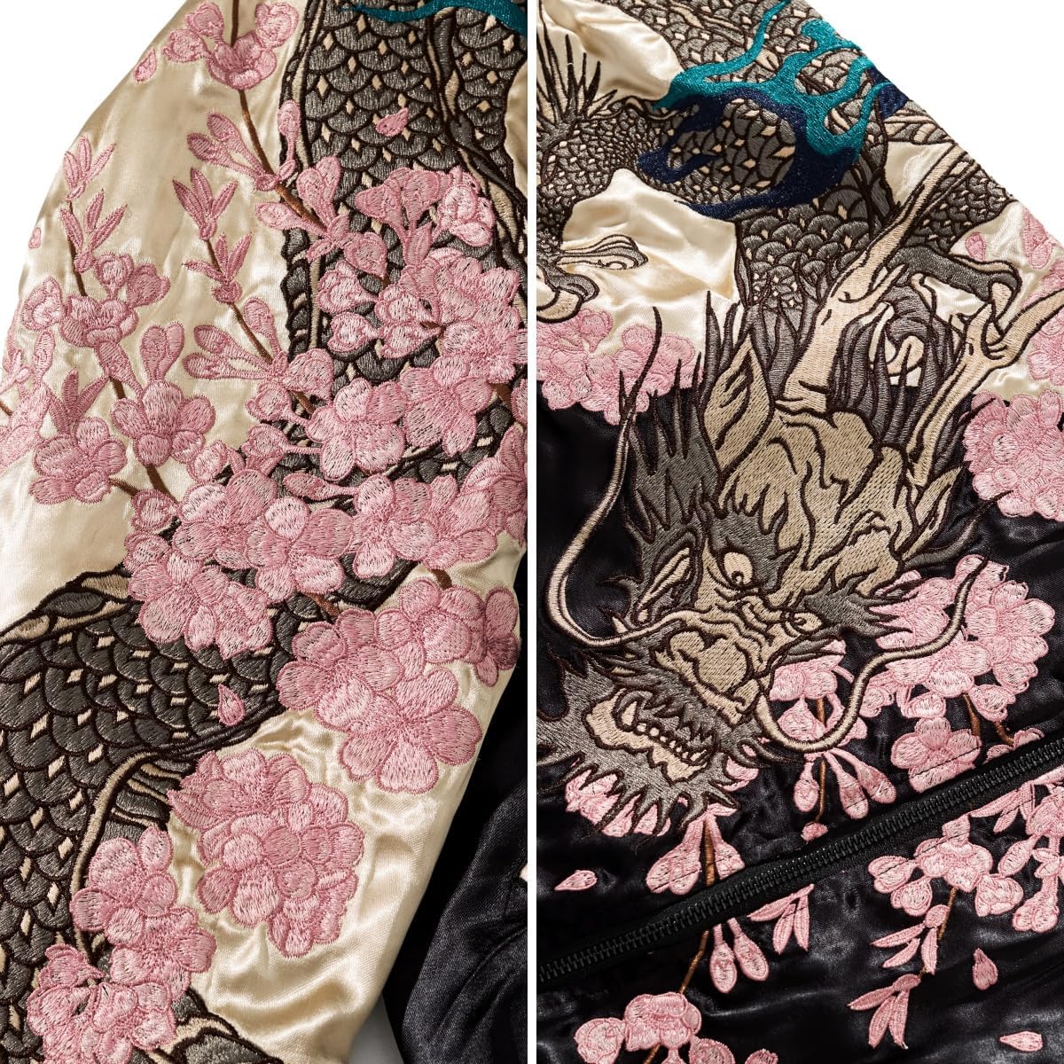 Sakura Dragon Embroidered Bomber Jacket Reversible Satin Streetwear Vintage Zip Up Windbreaker for Spring Fall