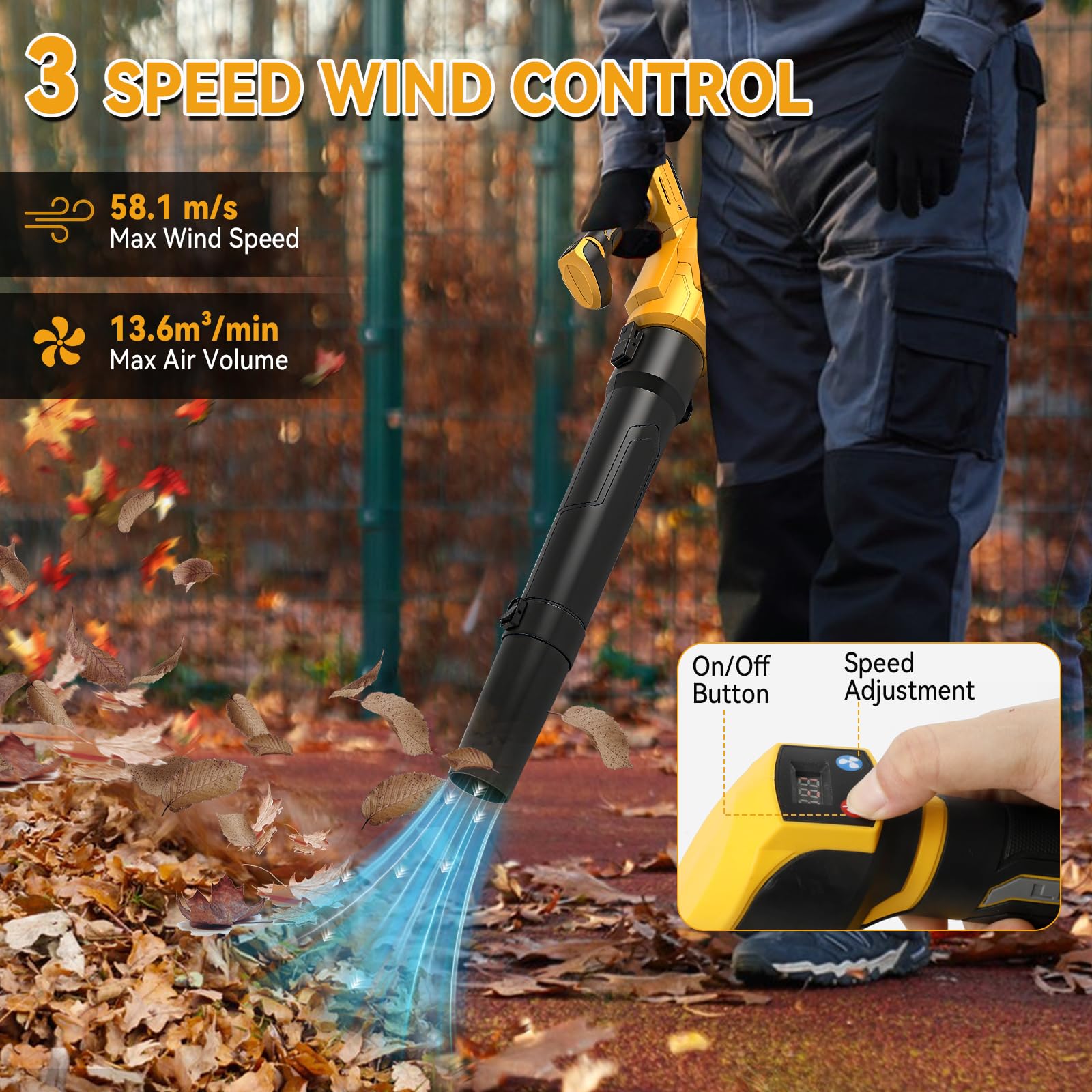 Soffiatore per foglie senza fili per batteria Dewalt 18 V 20 V, motore brushless 18500 giri/min, 58,1 m/s, 13,6 m³/min, soffiatore elettrico portatile con 3 velocità per giardino, foglie