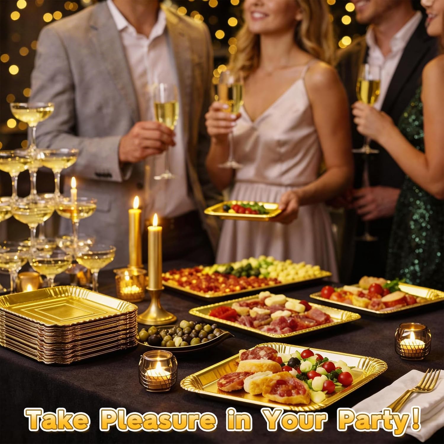 30 Pack Gold Paper Plates Gold Rectangle Serving Trays Disposable Paper Cardboard Platters Food Appetizer Foil Trays for Cupcake Display Dessert Table Decor Birthday Wedding Party Supplies 14x10 Inch