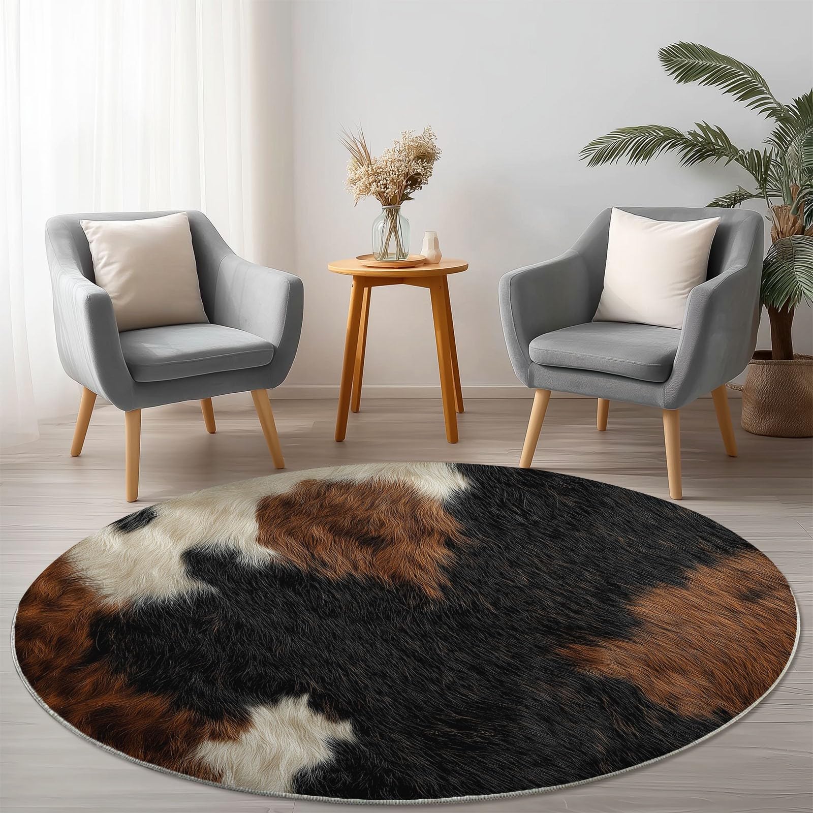 Générique Tapis Rond Lavable 120 cm – Motif Peau De Vache Texture, Tapis Rond antidérapant à Poils Ras, Noir pour Salon Chambre Cuisine Balcon Terrasse et Salle à Manger