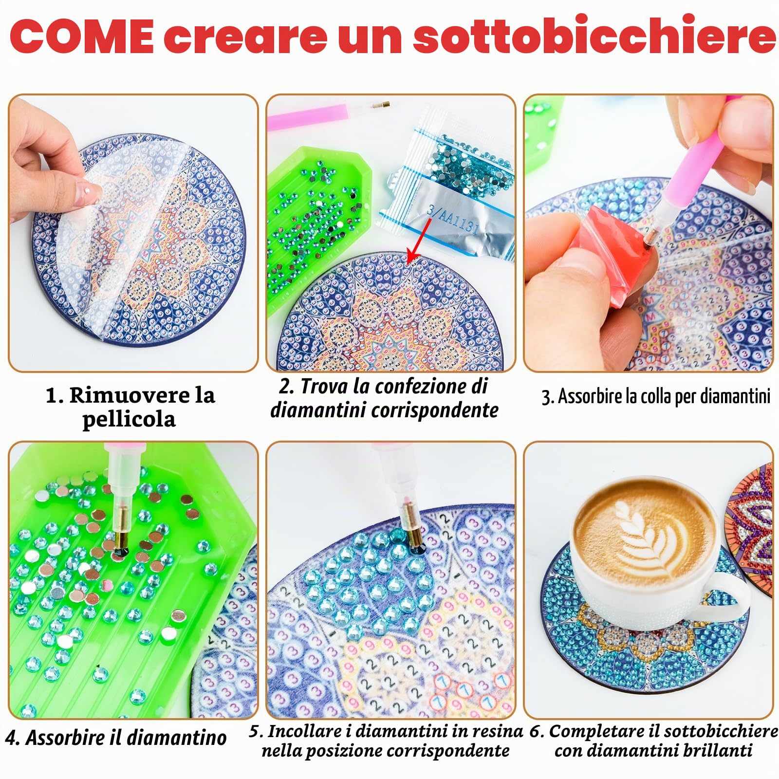 WuGU Sottobicchieri Diamante con Supporto, 10 Pezzi Sottobicchiere Dipinto a Diamante, Sottobicchieri Mandala Fai da te, Set di Sottobicchieri con Pittura a Diamante per Adulti & Bambini