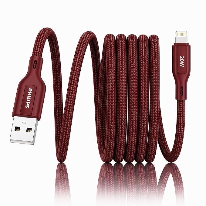 PHILIPS DLC4150VI/94 20W iPhone Original Type-A to Lightning Fast Charging Cable (1.5m, Iron Red) | MFi Certified | 480Mbps Data Sync | Nylon Braided | Compatible with iPhone & Other Lightning Devices