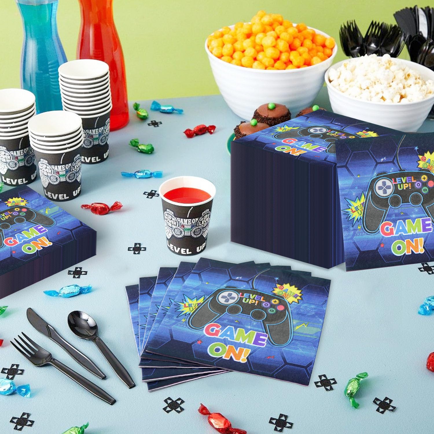 Videogame feestdecoraties, 100 stuks videogame servetten, blauwe gaming tafelservetten, spel op lunchservetten voor videogame, themafeest, kinderverjaardag