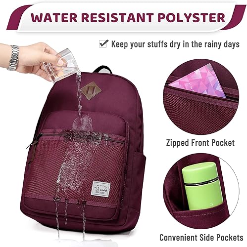 Miniatura 2 de VASCHY Mochila escolar, resistente al agua, ligera, informal, para hombres y mujeres, con funda acolchada para laptop, Borgoña, Computadora portátil