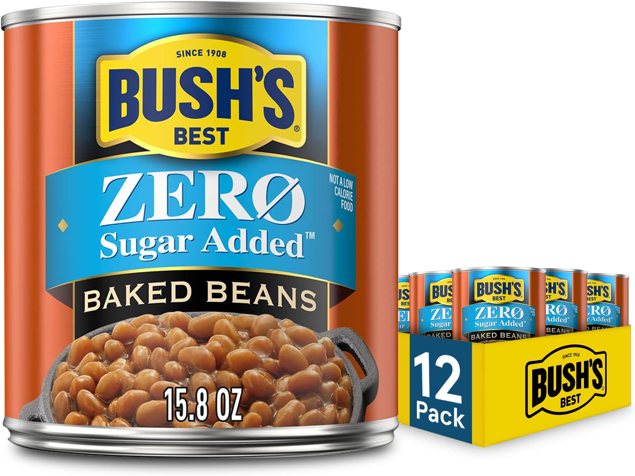 15.8 oz Canned Zero Sugar Baked Beans, Source Of Plant Based Protein and Fiber, Low Fat, Gluten Free, (Pack of 12)