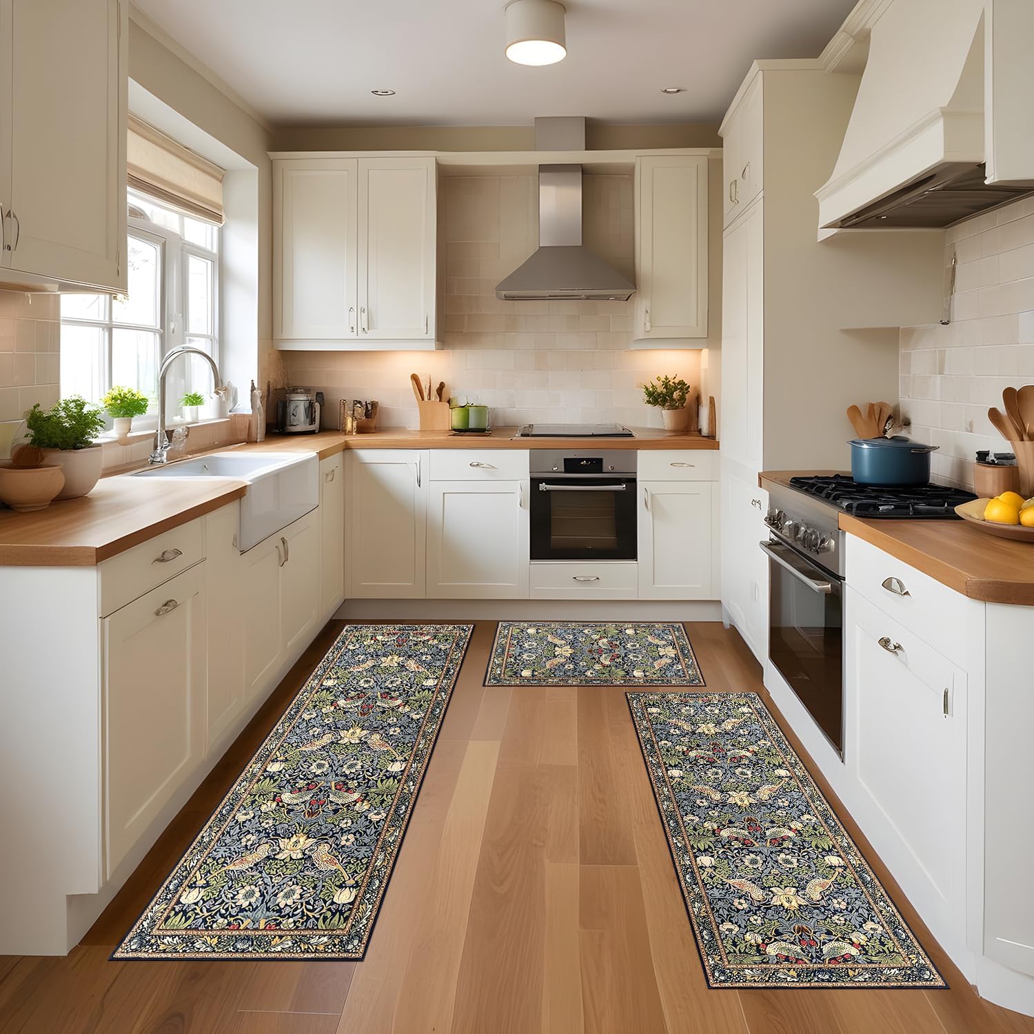William Morris Rugs Vintage Floral Botanical Rug Dark Academic Rugs Red Strawberry Thief Floral Mat with Border Line for Home Decor,Living Room Guest Room Boho Area Rug 20x32+20x47+20x59 In