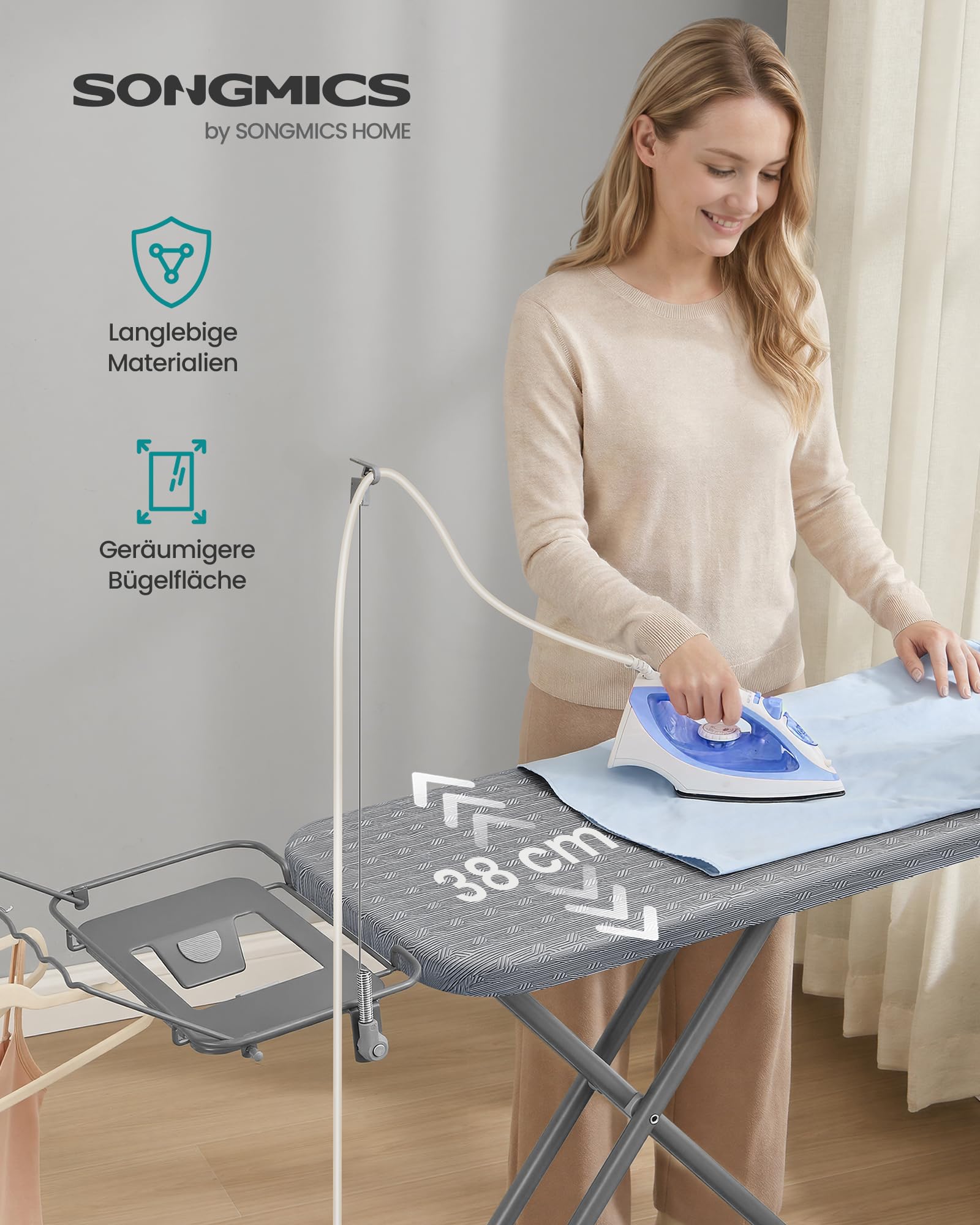 SONGMICS Bügelbrett, 122 x 38 cm Bügelfläche, Bügeltisch höhenverstellbar, klappbar, mit Kabelhalter, Bügeleisenablage, Haken, für Dampfbügelstation, Taubengrau LLB004G101
