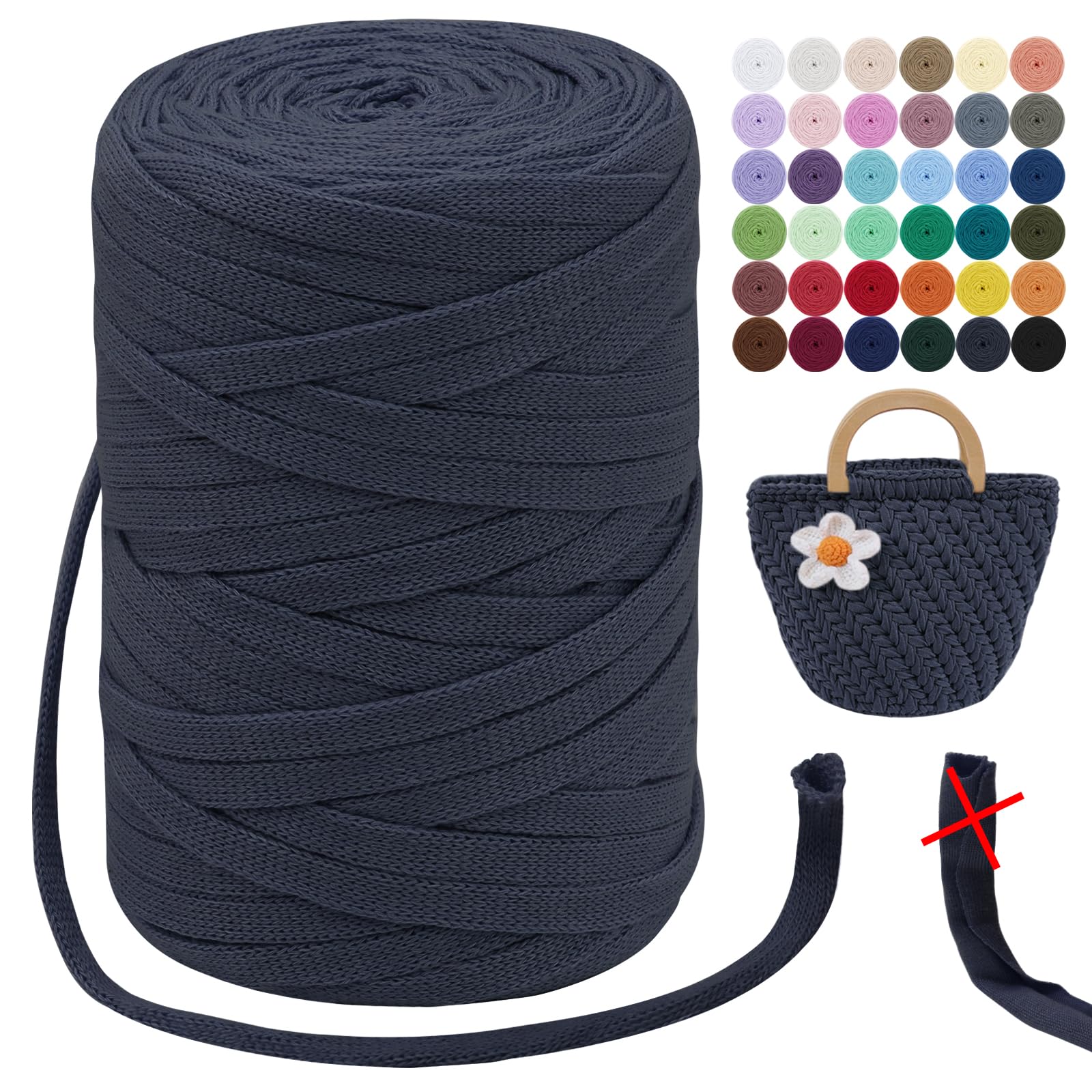 LEREATI T-Shirt Yarn for Crocheting 250g/100m - 7mm Polyester Ribbon Yarn for Knitting, Beginner Crochet, Hand DIY Bag, Blanket, Cushion, Basket (Charcoal Black) โ image 1