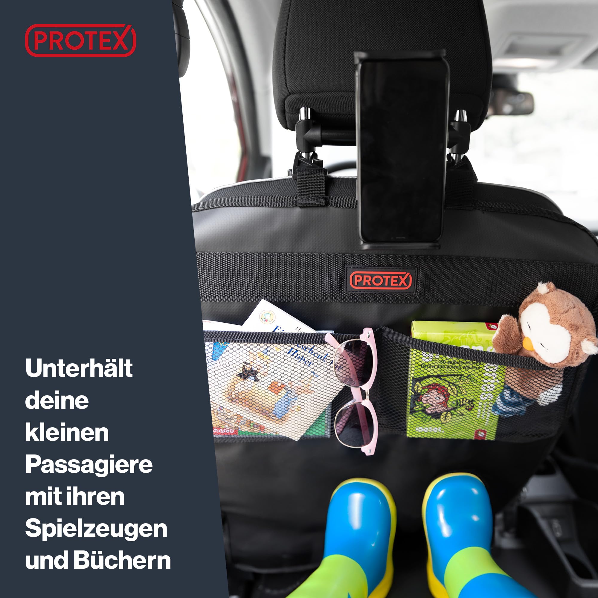 PROTEX Protezione per schienale [Vincitore del test 2024], organizer per sedile posteriore dell'auto, Oxford 600D, impermeabile per sedile posteriore con scomparto per tablet e iPad da 12 pollici