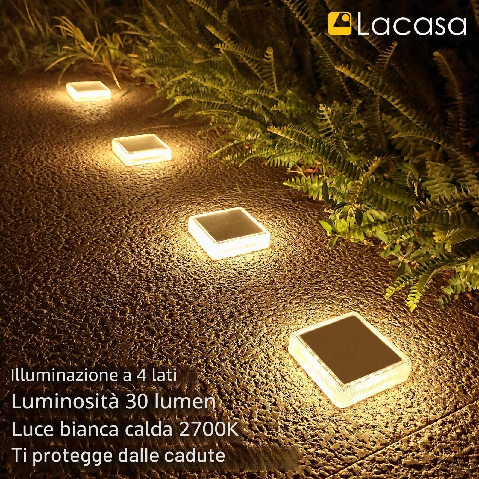 Lacasa Luci Solari Giardino, 4 Pezzi 30LM LED Lampada Solare da Esterno IP68 Impermeabile Luci per Sentieri Auto On/Off Luce Solare per Ponte Passo Vialetto Scale, Bianco Caldo 2700K Quadrato