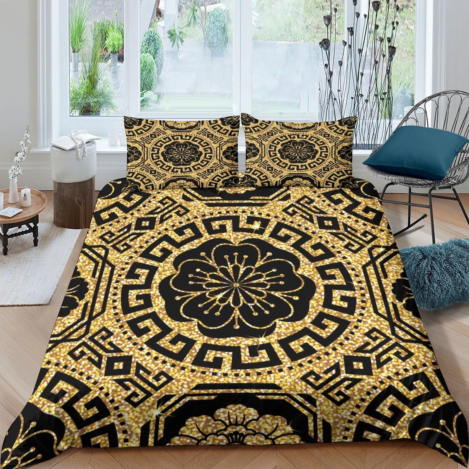 GPLZQXKJNH 3D Printed Mandala Geometric Duvet Cover Microfiber Soft Breathable Greek Key Bedding Set with 2 Pillowcases for Bedroom Home Decor Single（135x200cm）