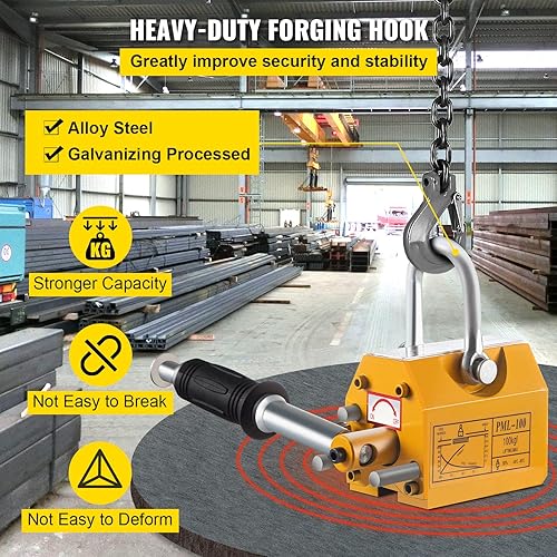 Miniatura 3 de VEVOR Levantador magnético, imán de elevación de acero con capacidad de tracción de 220 libras, grúa de elevación permanente de 220.5 lbs con mango,