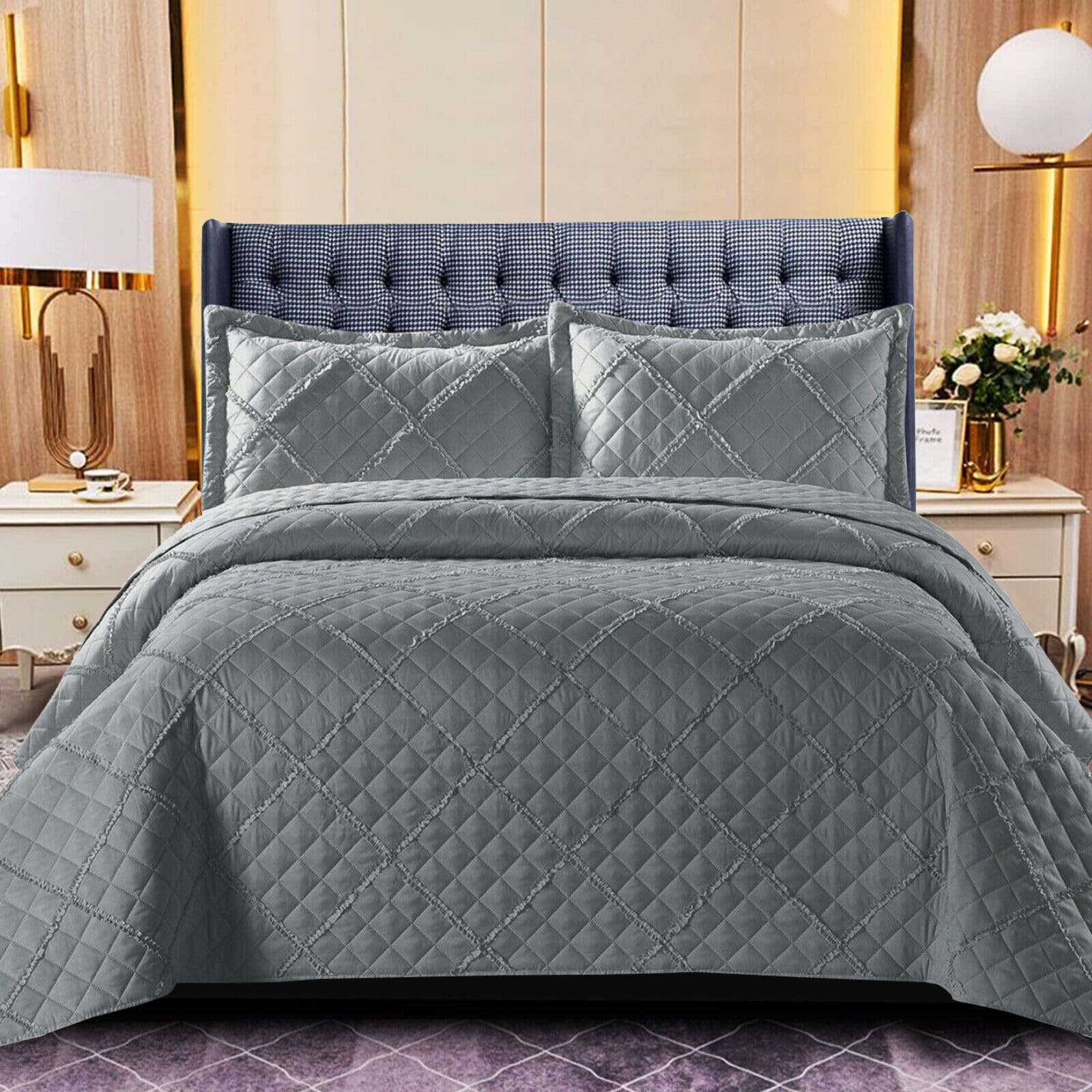 Stylish Home London Raffle Quilted Bedspreads single Size, Soft Microfiber Lightweight Quilted Bedspreads Coverlet All Season Bedding Set (Grey, Single)