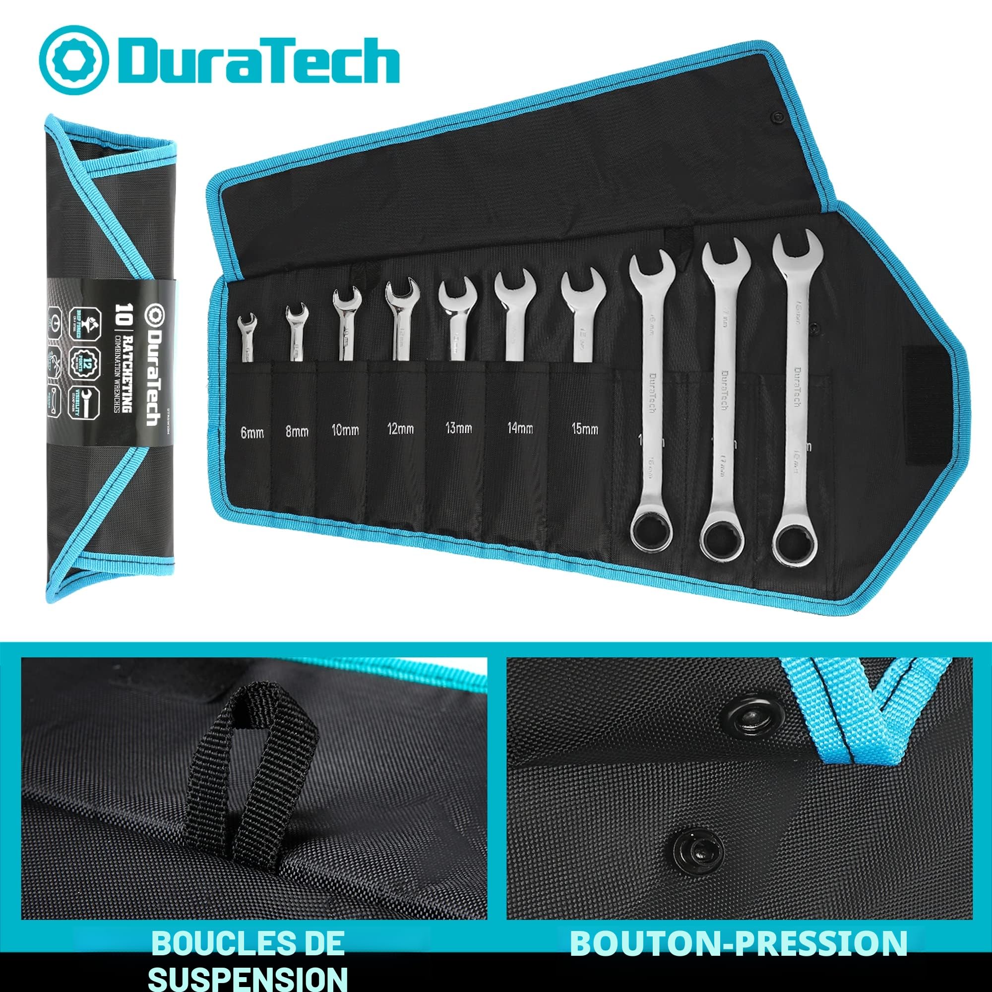 DURATECH Lot de Clé Plate à Cliquet 10 pièces 6-18 mm, Jeu de Clés Mixtes à Cliquet en Acier au Chrome Vanadium, 72 Dents 5° Angle Reprise, Métrique, avec Pochette Enroulable