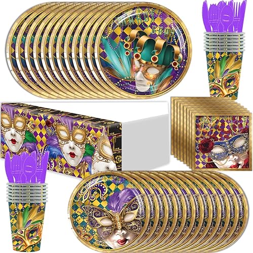 Juego de 97 piezas de vajilla desechable para fiesta de baile de Mardi Gras para 12 personas, incluye platos de papel, tazas, servilletas, cubiertos