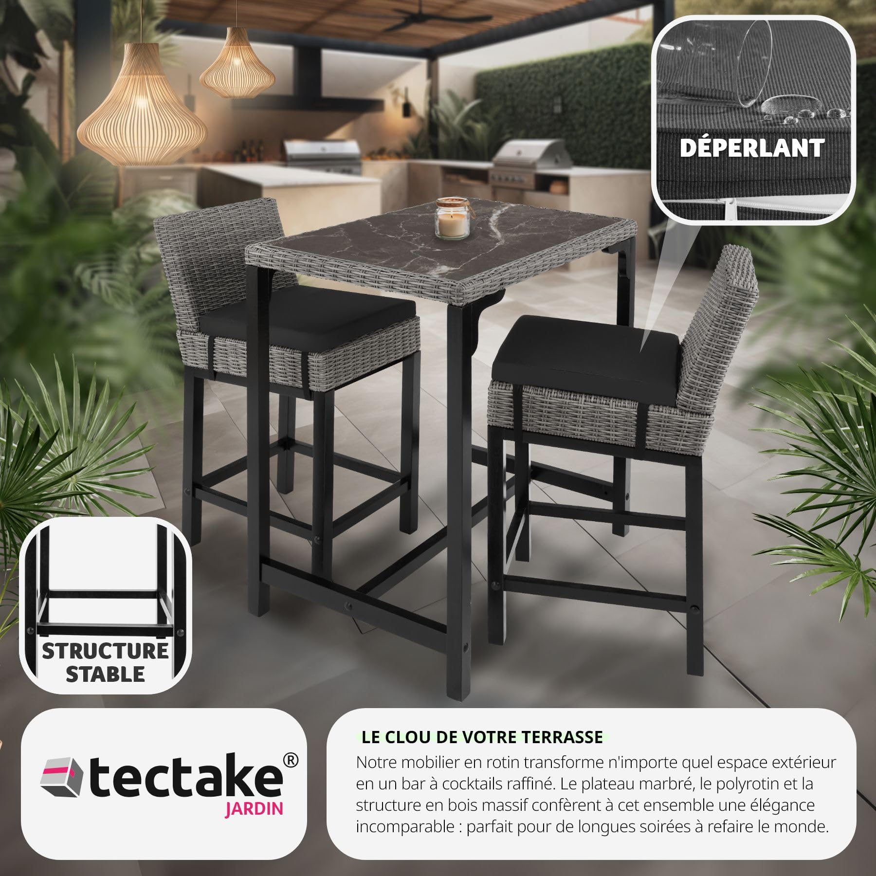 tectake® Ensemble de Bar Extérieur en Poly Rotin 2 Places - Table et 2 Chaises de Jardin avec Coussins Inclus - Mobilier pour Aménagement Balcon