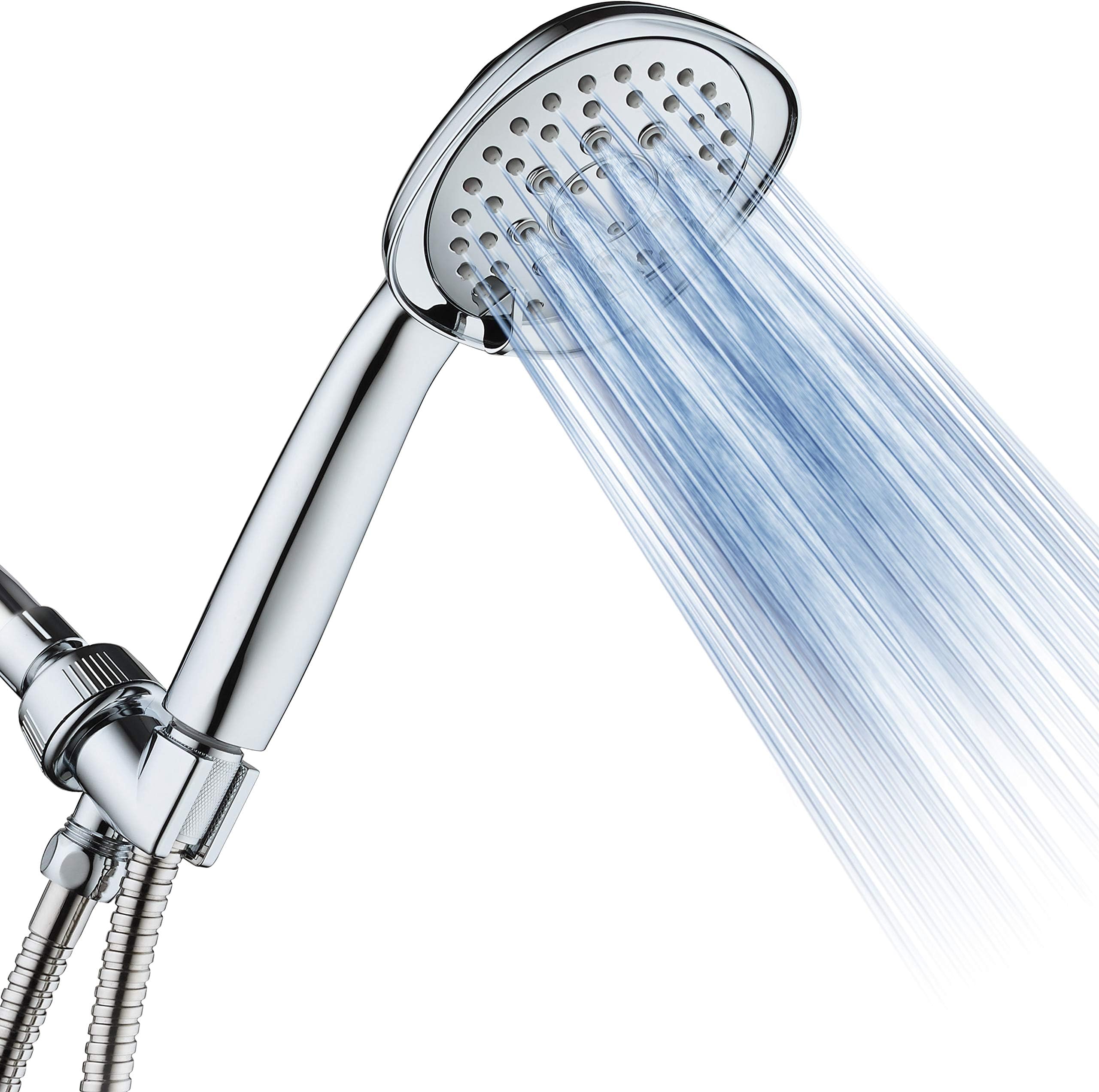 Luxury Square 6-setting High-Pressure Hand Shower. Extra-Long 72" Stainless Steel Hose, Bracket, Solid Brass Fittings, All-Chrome Finish. Premium Handheld Shower Head from Top American Manufacturer!