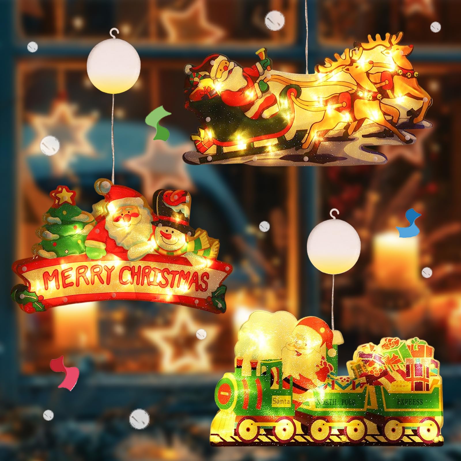 YAPJOY 3pcs Window Xmas Lights with Suction Cups, Indoor Hanging Christmas Battery Lights Merry Christmas/Santa Sleigh/Train for Holiday Party, Xmas Decor